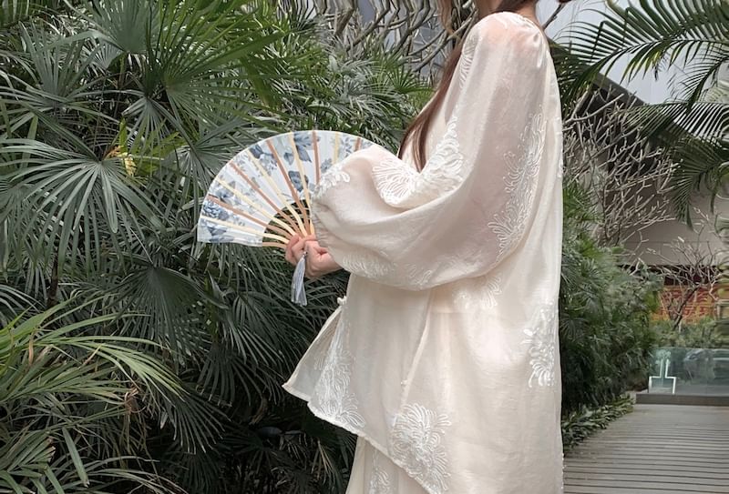 Puff-Sleeve V-Neck Flower Embroidered Blouse / High Rise Maxi A-Line Skirt / Shorts / Plain Camisole Top / Set