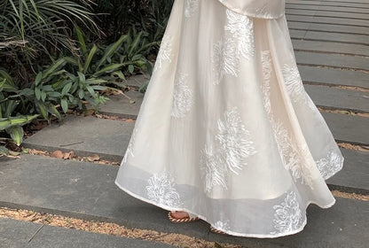 Puff-Sleeve V-Neck Flower Embroidered Blouse / High Rise Maxi A-Line Skirt / Shorts / Plain Camisole Top / Set