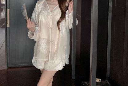 Puff-Sleeve V-Neck Flower Embroidered Blouse / High Rise Maxi A-Line Skirt / Shorts / Plain Camisole Top / Set