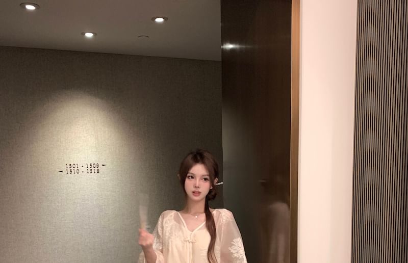 Puff-Sleeve V-Neck Flower Embroidered Blouse / High Rise Maxi A-Line Skirt / Shorts / Plain Camisole Top / Set