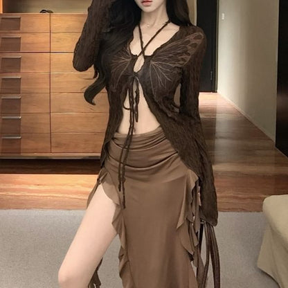 Long Sleeve V-Neck Butterfly Print Tie Front Top / Strapless Plain Ruffle Trim Midi Bodycon Dress