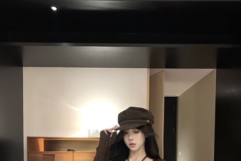 Long Sleeve V-Neck Butterfly Print Tie Front Top / Strapless Plain Ruffle Trim Midi Bodycon Dress