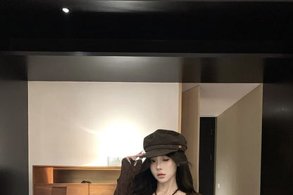 Long Sleeve V-Neck Butterfly Print Tie Front Top / Strapless Plain Ruffle Trim Midi Bodycon Dress