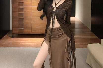 Long Sleeve V-Neck Butterfly Print Tie Front Top / Strapless Plain Ruffle Trim Midi Bodycon Dress