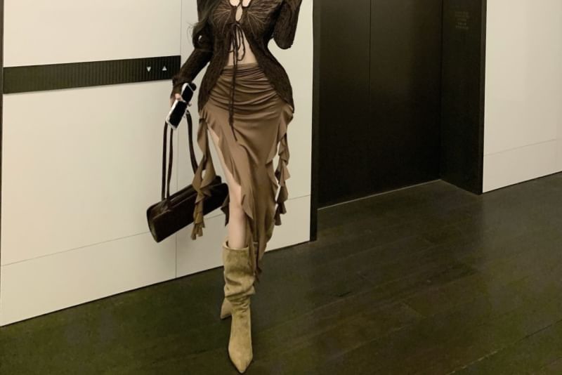 Long Sleeve V-Neck Butterfly Print Tie Front Top / Strapless Plain Ruffle Trim Midi Bodycon Dress