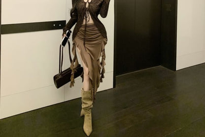 Long Sleeve V-Neck Butterfly Print Tie Front Top / Strapless Plain Ruffle Trim Midi Bodycon Dress