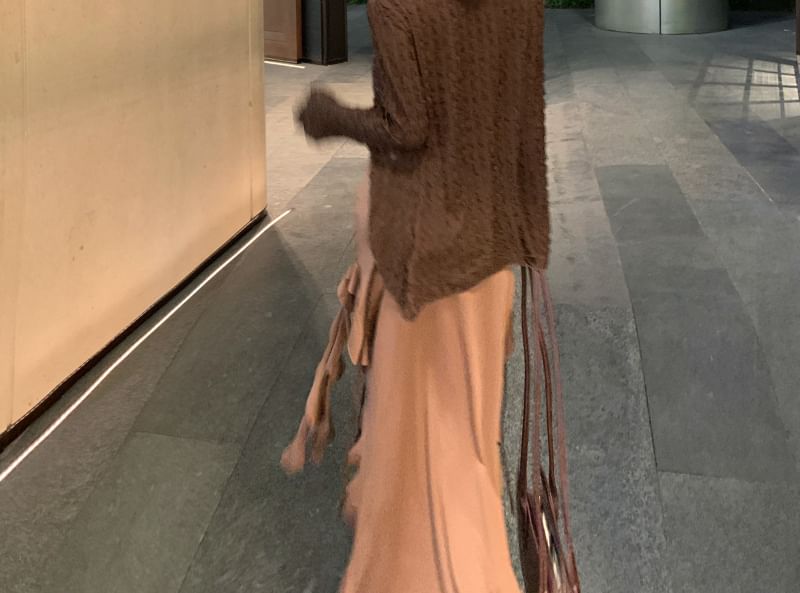 Long Sleeve V-Neck Butterfly Print Tie Front Top / Strapless Plain Ruffle Trim Midi Bodycon Dress