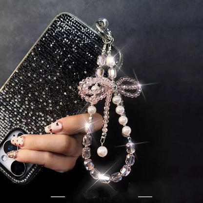 Pearl Pad Lanyard Crystal Phone Bow Strap with Faux