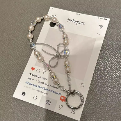 with Pearl Pad Lanyard Bow Phone Faux Strap