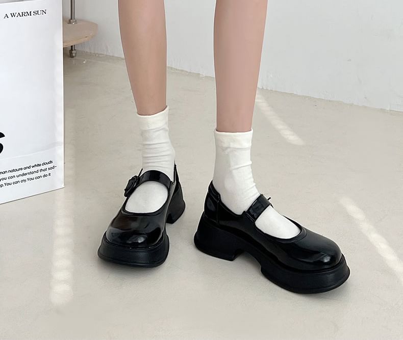 Platform Plain Buckled Faux Leather Mary Jane Shoes