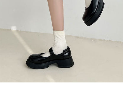 Platform Plain Buckled Faux Leather Mary Jane Shoes