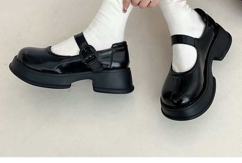 Platform Plain Buckled Faux Leather Mary Jane Shoes