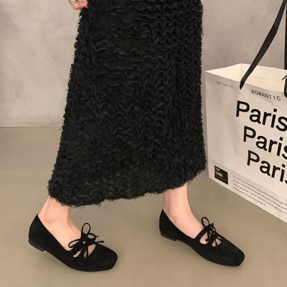 Square Toe Plain Bow Accent Mary Jane Flats