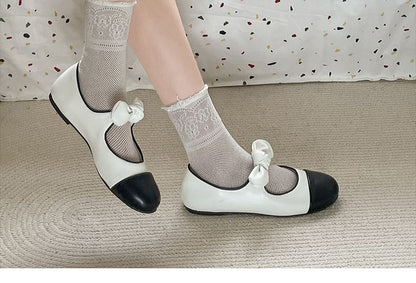 Cap Toe Bow Accent Faux Leather Mary Jane Flats