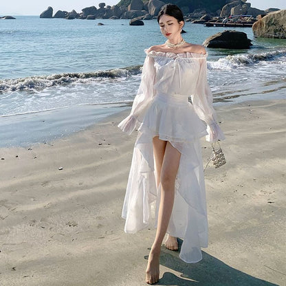 Long-Sleeve Off-The-Shoulder Plain Ruffle High Low Maxi A-Line Dress