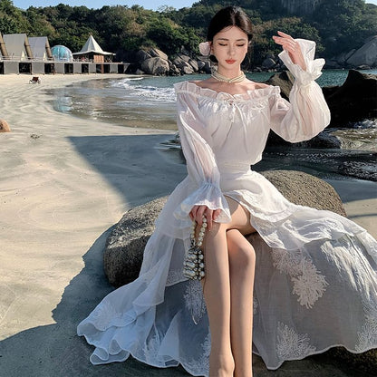 Long-Sleeve Off-The-Shoulder Plain Ruffle High Low Maxi A-Line Dress