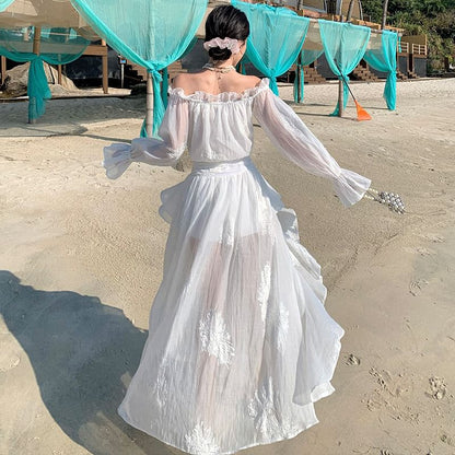 Long-Sleeve Off-The-Shoulder Plain Ruffle High Low Maxi A-Line Dress