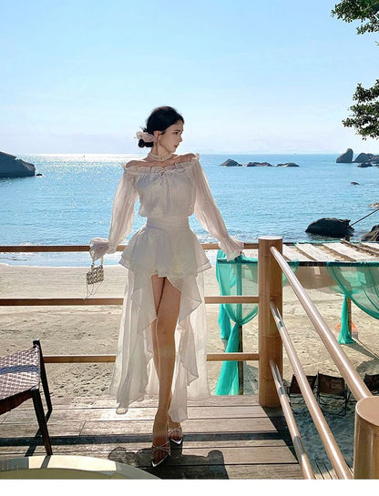 Long-Sleeve Off-The-Shoulder Plain Ruffle High Low Maxi A-Line Dress