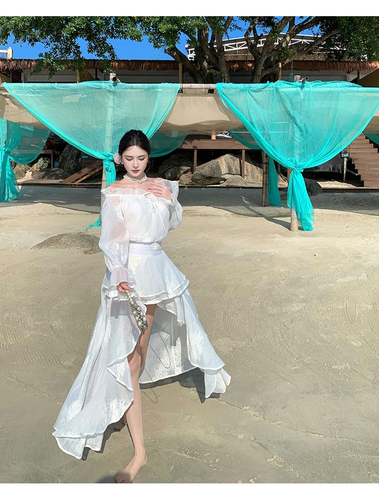 Long-Sleeve Off-The-Shoulder Plain Ruffle High Low Maxi A-Line Dress