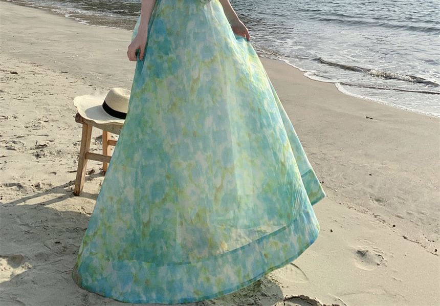 Set: Sleeveless Floral Crop Top + High Rise Floral Maxi A-Line Skirt