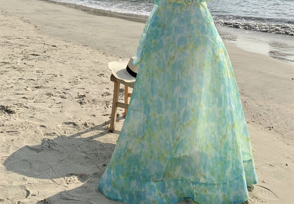 Set: Sleeveless Floral Crop Top + High Rise Floral Maxi A-Line Skirt