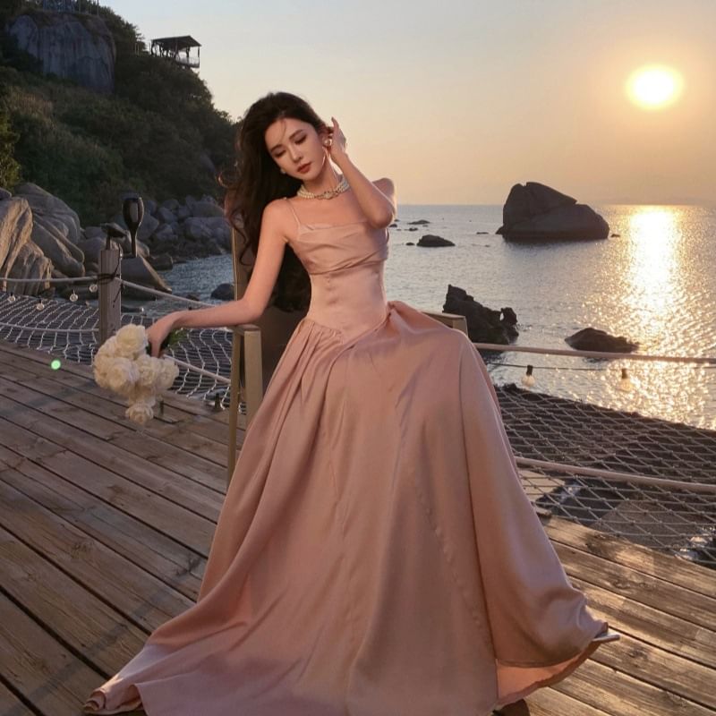 Spaghetti Strap Plain A-Line Evening Gown