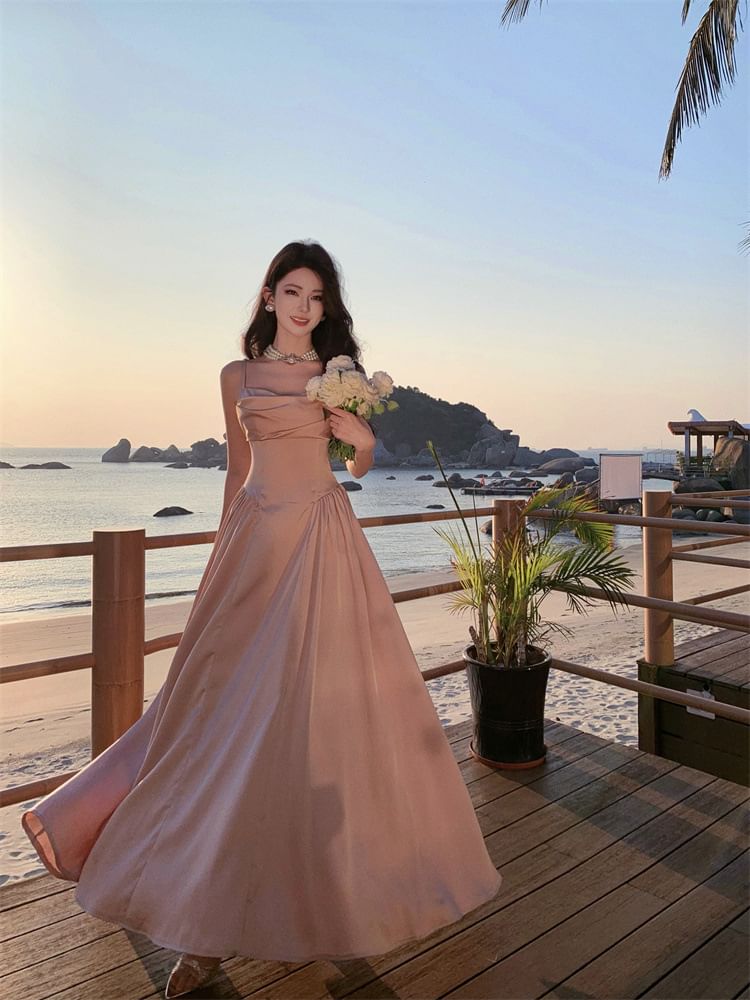 Spaghetti Strap Plain A-Line Evening Gown