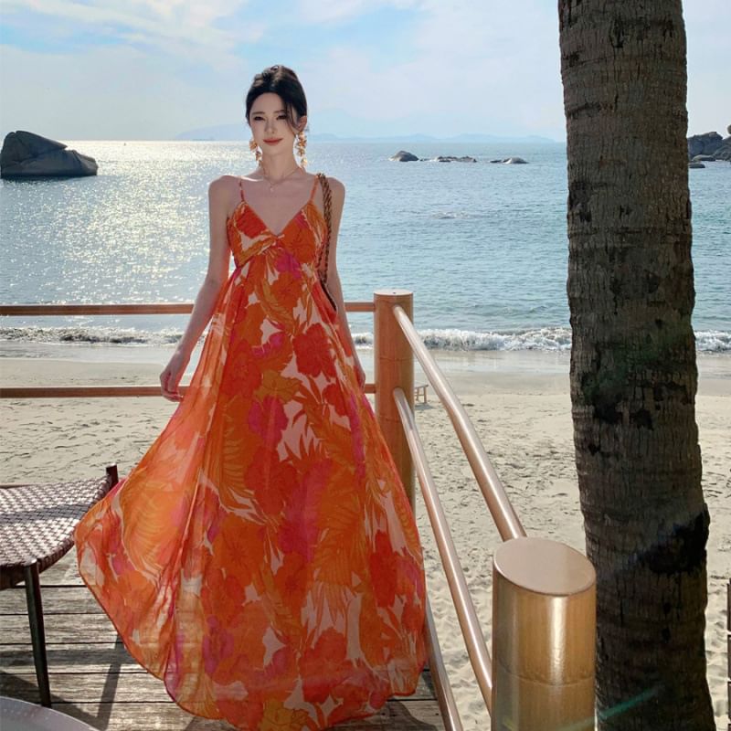 Spaghetti Strap V-Neck Floral Print Maxi A-Line Dress