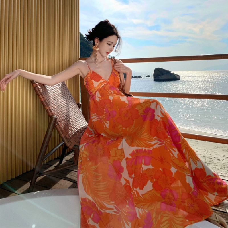 Spaghetti Strap V-Neck Floral Print Maxi A-Line Dress