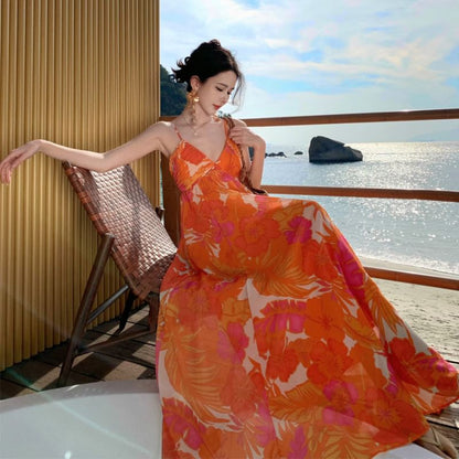 Spaghetti Strap V-Neck Floral Print Maxi A-Line Dress