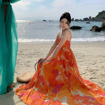 Spaghetti Strap V-Neck Floral Print Maxi A-Line Dress