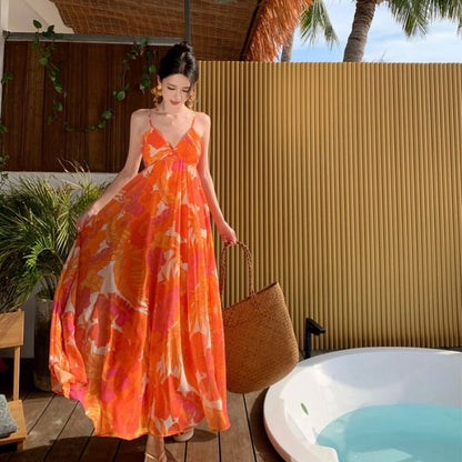 Spaghetti Strap V-Neck Floral Print Maxi A-Line Dress