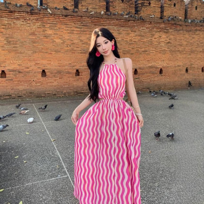 Sleeveless Halter Neck Wave Striped Maxi A-Line Dress