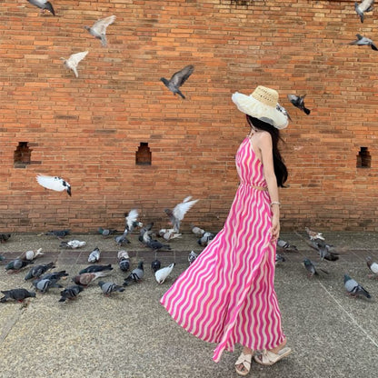 Sleeveless Halter Neck Wave Striped Maxi A-Line Dress