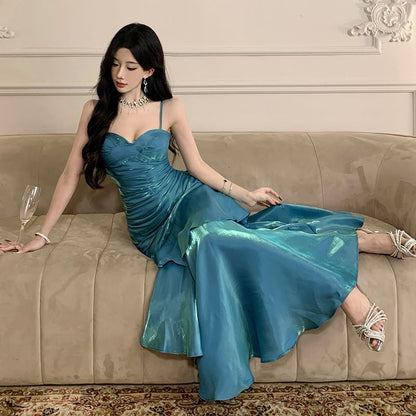 Glitter Strap Evening Spaghetti A-Line Plain Gown