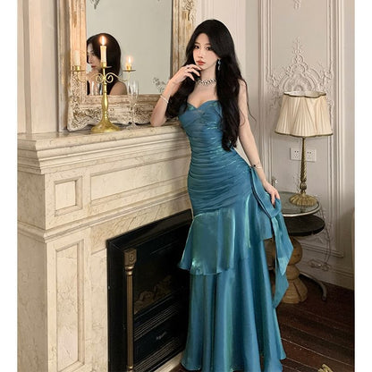 Spaghetti Strap Plain Glitter A-Line Evening Gown