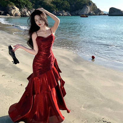 Spaghetti Strap Plain Glitter A-Line Evening Gown