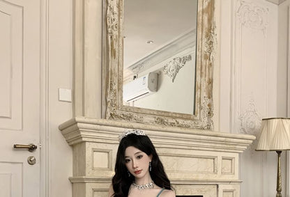 Glitter Strap Evening Spaghetti A-Line Plain Gown