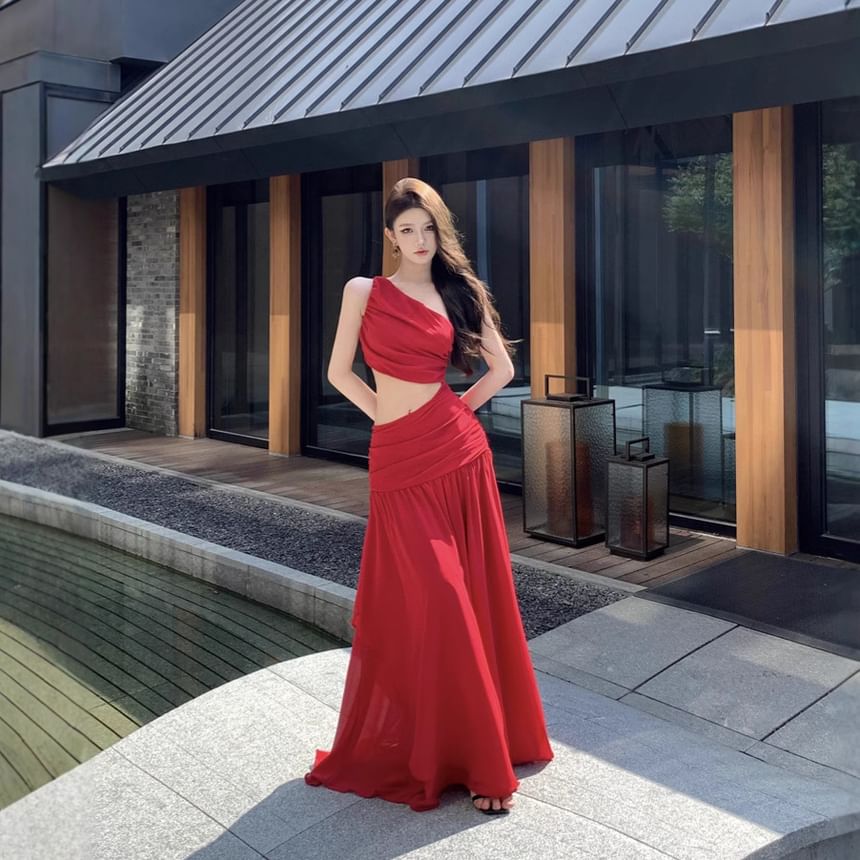 Sleeveless One Shoulder Plain Ruched Maxi A-Line Dress