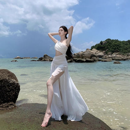 Sleeveless One Shoulder Plain Ruched Maxi A-Line Dress