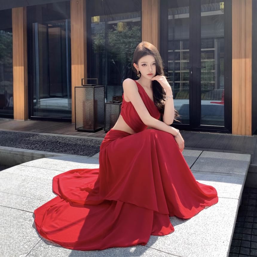 Sleeveless One Shoulder Plain Ruched Maxi A-Line Dress