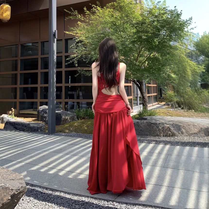 Sleeveless One Shoulder Plain Ruched Maxi A-Line Dress