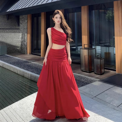 Sleeveless One Shoulder Plain Ruched Maxi A-Line Dress