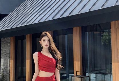 Sleeveless One Shoulder Plain Ruched Maxi A-Line Dress