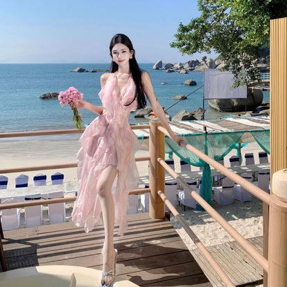 Set: V-Neck Halter Floral Crop Top + High Waist Midi A-Line Skirt