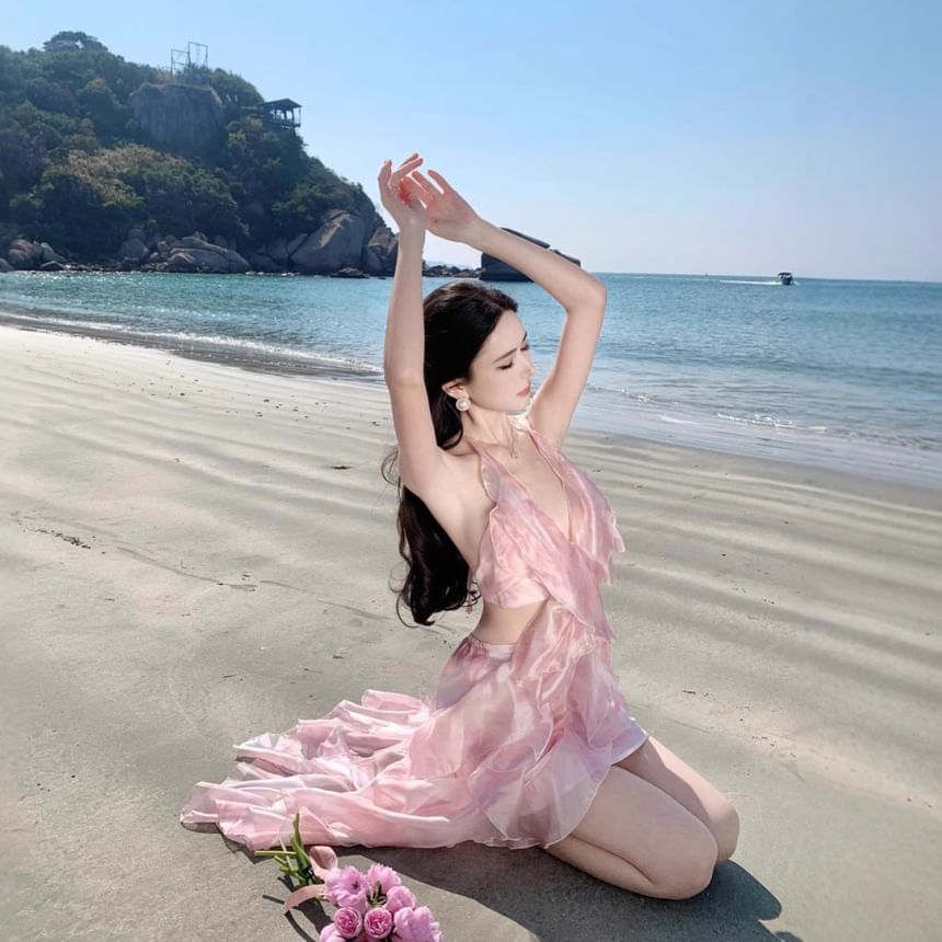 Set: V-Neck Halter Floral Crop Top + High Waist Midi A-Line Skirt