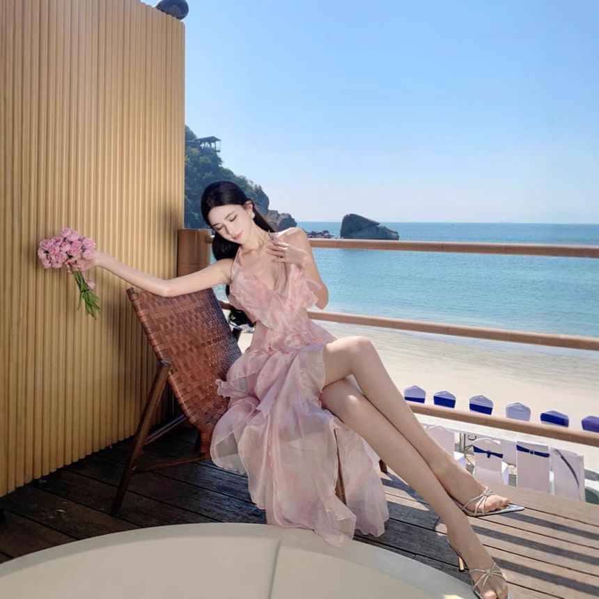 Set: V-Neck Halter Floral Crop Top + High Waist Midi A-Line Skirt