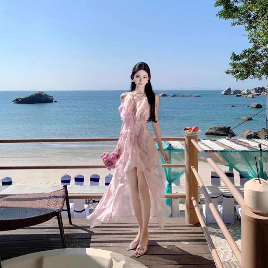 Set: V-Neck Halter Floral Crop Top + High Waist Midi A-Line Skirt