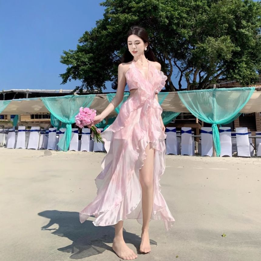 Set: V-Neck Halter Floral Crop Top + High Waist Midi A-Line Skirt