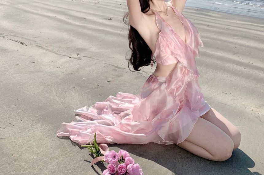 Set: V-Neck Halter Floral Crop Top + High Waist Midi A-Line Skirt